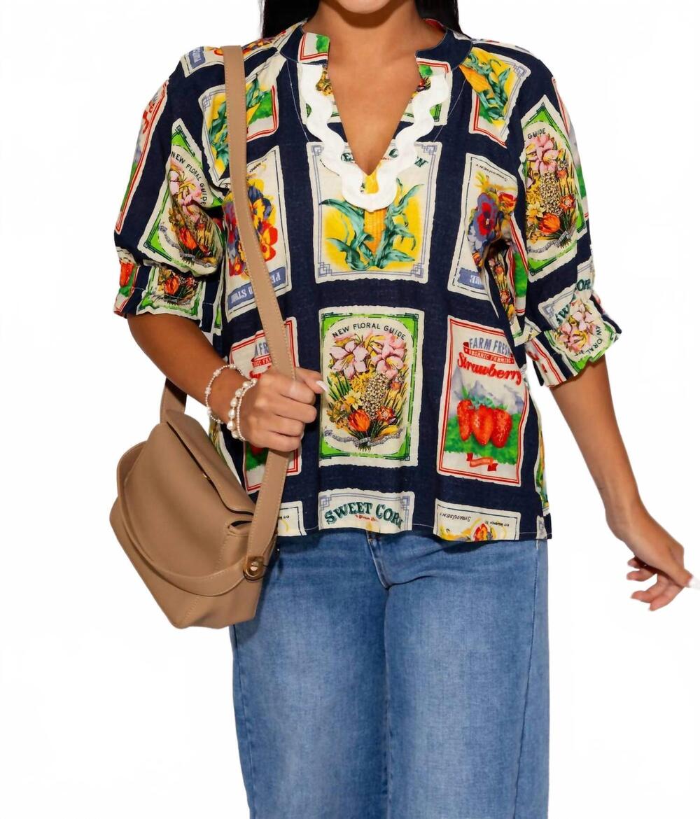 NEW THML portofino patchwork top in navy multi